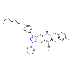 ChemSpider 2D Image | (5E)-5-({3-[4-(Hexyloxy)phenyl]-1-phenyl-1H-pyrazol-4-yl}methylene)-4-methyl-1-(4-methylbenzyl)-2,6-dioxo-1,2,5,6-tetrahydro-3-pyridinecarbonitrile | C37H36N4O3