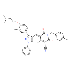 ChemSpider 2D Image | (5E)-4-Methyl-1-(4-methylbenzyl)-5-({3-[3-methyl-4-(3-methylbutoxy)phenyl]-1-phenyl-1H-pyrazol-4-yl}methylene)-2,6-dioxo-1,2,5,6-tetrahydro-3-pyridinecarbonitrile | C37H36N4O3