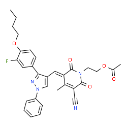 ChemSpider 2D Image | 2-[(3E)-3-{[3-(4-Butoxy-3-fluorophenyl)-1-phenyl-1H-pyrazol-4-yl]methylene}-5-cyano-4-methyl-2,6-dioxo-3,6-dihydro-1(2H)-pyridinyl]ethyl acetate | C31H29FN4O5