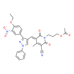 ChemSpider 2D Image | 3-[(3E)-5-Cyano-3-{[3-(4-ethoxy-3-nitrophenyl)-1-phenyl-1H-pyrazol-4-yl]methylene}-4-methyl-2,6-dioxo-3,6-dihydro-1(2H)-pyridinyl]propyl acetate | C30H27N5O7