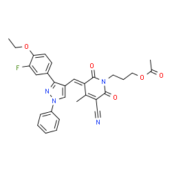 ChemSpider 2D Image | 3-[(3E)-5-Cyano-3-{[3-(4-ethoxy-3-fluorophenyl)-1-phenyl-1H-pyrazol-4-yl]methylene}-4-methyl-2,6-dioxo-3,6-dihydro-1(2H)-pyridinyl]propyl acetate | C30H27FN4O5
