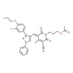 ChemSpider 2D Image | 3-[(3E)-5-Cyano-3-{[3-(3-fluoro-4-propoxyphenyl)-1-phenyl-1H-pyrazol-4-yl]methylene}-4-methyl-2,6-dioxo-3,6-dihydro-1(2H)-pyridinyl]propyl acetate | C31H29FN4O5