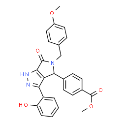 ChemSpider 2D Image | Methyl 4-[3-(2-hydroxyphenyl)-5-(4-methoxybenzyl)-6-oxo-1,4,5,6-tetrahydropyrrolo[3,4-c]pyrazol-4-yl]benzoate | C27H23N3O5