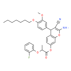 ChemSpider 2D Image | 2-Amino-3-cyano-4-[4-(heptyloxy)-3-methoxyphenyl]-4H-chromen-7-yl 2-(2-fluorophenoxy)propanoate | C33H35FN2O6