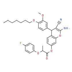 ChemSpider 2D Image | 2-Amino-3-cyano-4-[4-(heptyloxy)-3-methoxyphenyl]-4H-chromen-7-yl 2-(4-fluorophenoxy)propanoate | C33H35FN2O6