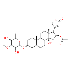 ChemSpider 2D Image | (3beta,5beta,8xi,9xi,16beta,17xi)-16-Acetoxy-3-[(6-deoxy-3-O-methyl-beta-L-glycero-hexopyranosyl)oxy]-14-hydroxycard-20(22)-enolide | C32H48O10