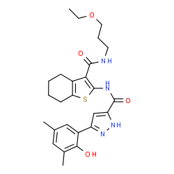 ChemSpider 2D Image | N-{3-[(3-Ethoxypropyl)carbamoyl]-4,5,6,7-tetrahydro-1-benzothiophen-2-yl}-3-(2-hydroxy-3,5-dimethylphenyl)-1H-pyrazole-5-carboxamide | C26H32N4O4S