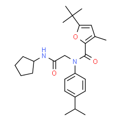 ChemSpider 2D Image | N-[2-(Cyclopentylamino)-2-oxoethyl]-N-(4-isopropylphenyl)-3-methyl-5-(2-methyl-2-propanyl)-2-furamide | C26H36N2O3