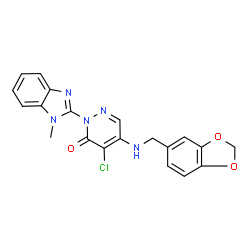 ChemSpider 2D Image | 5-[(1,3-Benzodioxol-5-ylmethyl)amino]-4-chloro-2-(1-methyl-1H-benzimidazol-2-yl)-3(2H)-pyridazinone | C20H16ClN5O3