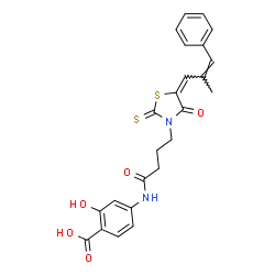 ChemSpider 2D Image | 2-Hydroxy-4-[(4-{(5E)-5-[(2Z)-2-methyl-3-phenyl-2-propen-1-ylidene]-4-oxo-2-thioxo-1,3-thiazolidin-3-yl}butanoyl)amino]benzoic acid | C24H22N2O5S2