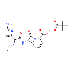 ChemSpider 2D Image | [(2,2-Dimethylpropanoyl)oxy]methyl 7-{[(2E)-2-(2-amino-1,3-thiazol-4-yl)-2-(methoxyimino)acetyl]amino}-3-methyl-8-oxo-5-thia-1-azabicyclo[4.2.0]oct-3-ene-2-carboxylate | C20H25N5O7S2