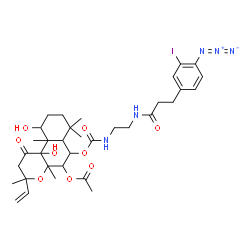 ChemSpider 2D Image | 6-{[(2-{[3-(4-Azido-3-iodophenyl)propanoyl]amino}ethyl)carbamoyl]oxy}-10,10b-dihydroxy-3,4a,7,7,10a-pentamethyl-1-oxo-3-vinyldodecahydro-1H-benzo[f]chromen-5-yl acetate | C34H46IN5O9
