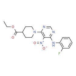 ChemSpider 2D Image | Ethyl 1-{6-[(2-fluorophenyl)amino]-5-nitro-4-pyrimidinyl}-4-piperidinecarboxylate | C18H20FN5O4