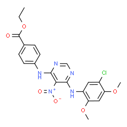 ChemSpider 2D Image | Ethyl 4-({6-[(5-chloro-2,4-dimethoxyphenyl)amino]-5-nitro-4-pyrimidinyl}amino)benzoate | C21H20ClN5O6
