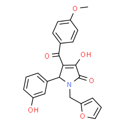 ChemSpider 2D Image | 1-(2-Furylmethyl)-3-hydroxy-5-(3-hydroxyphenyl)-4-(4-methoxybenzoyl)-1,5-dihydro-2H-pyrrol-2-one | C23H19NO6