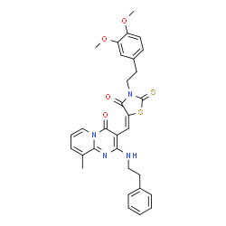 ChemSpider 2D Image | 3-[(E)-{3-[2-(3,4-Dimethoxyphenyl)ethyl]-4-oxo-2-thioxo-1,3-thiazolidin-5-ylidene}methyl]-9-methyl-2-[(2-phenylethyl)amino]-4H-pyrido[1,2-a]pyrimidin-4-one | C31H30N4O4S2