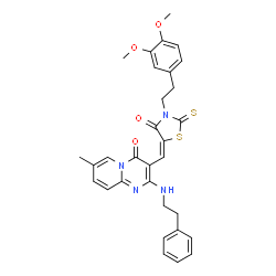 ChemSpider 2D Image | 3-[(E)-{3-[2-(3,4-Dimethoxyphenyl)ethyl]-4-oxo-2-thioxo-1,3-thiazolidin-5-ylidene}methyl]-7-methyl-2-[(2-phenylethyl)amino]-4H-pyrido[1,2-a]pyrimidin-4-one | C31H30N4O4S2