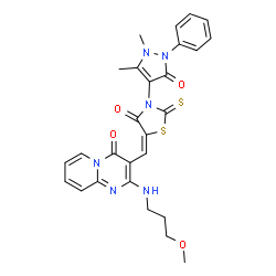 ChemSpider 2D Image | 3-{(E)-[3-(1,5-Dimethyl-3-oxo-2-phenyl-2,3-dihydro-1H-pyrazol-4-yl)-4-oxo-2-thioxo-1,3-thiazolidin-5-ylidene]methyl}-2-[(3-methoxypropyl)amino]-4H-pyrido[1,2-a]pyrimidin-4-one | C27H26N6O4S2