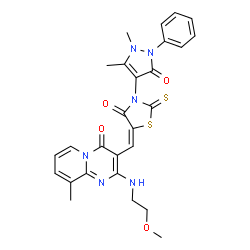 ChemSpider 2D Image | 3-{(E)-[3-(1,5-Dimethyl-3-oxo-2-phenyl-2,3-dihydro-1H-pyrazol-4-yl)-4-oxo-2-thioxo-1,3-thiazolidin-5-ylidene]methyl}-2-[(2-methoxyethyl)amino]-9-methyl-4H-pyrido[1,2-a]pyrimidin-4-one | C27H26N6O4S2
