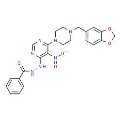 ChemSpider 2D Image | N'-{6-[4-(1,3-Benzodioxol-5-ylmethyl)piperazin-1-yl]-5-nitropyrimidin-4-yl}benzohydrazide | C23H23N7O5