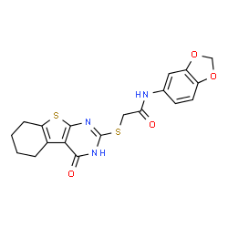 ChemSpider 2D Image | N-(1,3-Benzodioxol-5-yl)-2-[(4-oxo-3,4,5,6,7,8-hexahydro[1]benzothieno[2,3-d]pyrimidin-2-yl)sulfanyl]acetamide | C19H17N3O4S2
