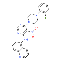 ChemSpider 2D Image | N-{6-[4-(2-Fluorophenyl)piperazin-1-yl]-5-nitropyrimidin-4-yl}quinolin-5-amine | C23H20FN7O2