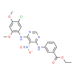 ChemSpider 2D Image | Ethyl 3-({6-[(5-chloro-2,4-dimethoxyphenyl)amino]-5-nitro-4-pyrimidinyl}amino)benzoate | C21H20ClN5O6