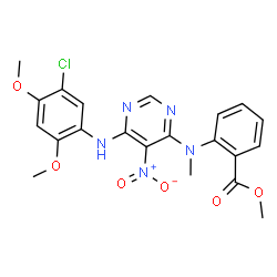 ChemSpider 2D Image | Methyl 2-[{6-[(5-chloro-2,4-dimethoxyphenyl)amino]-5-nitropyrimidin-4-yl}(methyl)amino]benzoate | C21H20ClN5O6