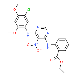 ChemSpider 2D Image | Ethyl 2-({6-[(5-chloro-2,4-dimethoxyphenyl)amino]-5-nitro-4-pyrimidinyl}amino)benzoate | C21H20ClN5O6