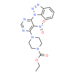 ChemSpider 2D Image | Ethyl 4-[6-(1H-benzotriazol-1-yl)-5-nitro-4-pyrimidinyl]-1-piperazinecarboxylate | C17H18N8O4