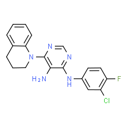 ChemSpider 2D Image | N~4~-(3-Chloro-4-fluorophenyl)-6-(3,4-dihydro-1(2H)-quinolinyl)-4,5-pyrimidinediamine | C19H17ClFN5