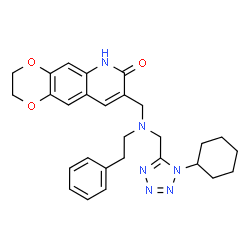 ChemSpider 2D Image | 8-({[(1-Cyclohexyl-1H-tetrazol-5-yl)methyl](2-phenylethyl)amino}methyl)-2,3-dihydro[1,4]dioxino[2,3-g]quinolin-7(6H)-one | C28H32N6O3