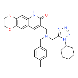 ChemSpider 2D Image | 8-({[(1-Cyclohexyl-1H-tetrazol-5-yl)methyl](4-methylbenzyl)amino}methyl)-2,3-dihydro[1,4]dioxino[2,3-g]quinolin-7(6H)-one | C28H32N6O3