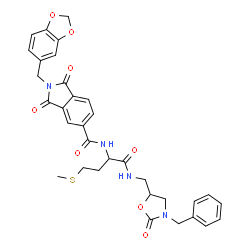 ChemSpider 2D Image | 2-(1,3-Benzodioxol-5-ylmethyl)-N-[1-{[(3-benzyl-2-oxo-1,3-oxazolidin-5-yl)methyl]amino}-4-(methylsulfanyl)-1-oxo-2-butanyl]-1,3-dioxo-5-isoindolinecarboxamide | C33H32N4O8S