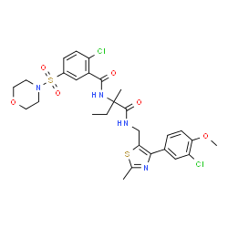 ChemSpider 2D Image | 2-Chloro-N-[1-({[4-(3-chloro-4-methoxyphenyl)-2-methyl-1,3-thiazol-5-yl]methyl}amino)-2-methyl-1-oxo-2-butanyl]-5-(4-morpholinylsulfonyl)benzamide | C28H32Cl2N4O6S2