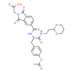 ChemSpider 2D Image | (5-{[3-(4-Acetoxyphenyl)-1-{[2-(1,3-dioxan-2-yl)ethyl]amino}-1-oxo-2-propanyl]carbamoyl}-1,3-dioxo-1,3-dihydro-2H-isoindol-2-yl)acetic acid | C28H29N3O10