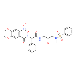 ChemSpider 2D Image | N-[2-({2-Hydroxy-3-[methyl(phenylsulfonyl)amino]propyl}amino)-2-oxo-1-phenylethyl]-4,5-dimethoxy-2-nitrobenzamide | C27H30N4O9S