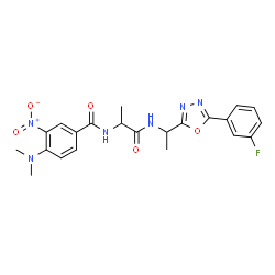 ChemSpider 2D Image | 4-(Dimethylamino)-N-[1-({1-[5-(3-fluorophenyl)-1,3,4-oxadiazol-2-yl]ethyl}amino)-1-oxo-2-propanyl]-3-nitrobenzamide | C22H23FN6O5