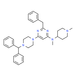 ChemSpider 2D Image | 2-Benzyl-6-[4-(diphenylmethyl)-1-piperazinyl]-N-methyl-N-(1-methyl-4-piperidinyl)-4-pyrimidinamine | C35H42N6