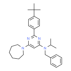 ChemSpider 2D Image | 6-(1-Azepanyl)-N-benzyl-N-isopropyl-2-[4-(2-methyl-2-propanyl)phenyl]-4-pyrimidinamine | C30H40N4
