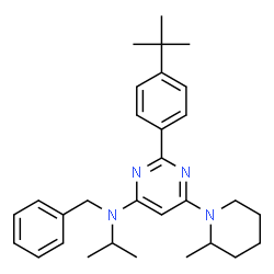 ChemSpider 2D Image | N-Benzyl-N-isopropyl-6-(2-methyl-1-piperidinyl)-2-[4-(2-methyl-2-propanyl)phenyl]-4-pyrimidinamine | C30H40N4
