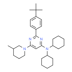 ChemSpider 2D Image | N,N-Dicyclohexyl-6-(3-methyl-1-piperidinyl)-2-[4-(2-methyl-2-propanyl)phenyl]-4-pyrimidinamine | C32H48N4