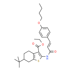 ChemSpider 2D Image | Ethyl 2-{[(2E)-3-(4-butoxyphenyl)prop-2-enoyl]amino}-6-tert-butyl-4,5,6,7-tetrahydro-1-benzothiophene-3-carboxylate | C28H37NO4S