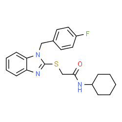 ChemSpider 2D Image | N-Cyclohexyl-2-{[1-(4-fluorobenzyl)-1H-benzimidazol-2-yl]sulfanyl}acetamide | C22H24FN3OS