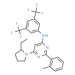 ChemSpider 2D Image | N-[3,5-Bis(trifluoromethyl)phenyl]-6-(2-ethyl-1-pyrrolidinyl)-2-(2-methylphenyl)-4-pyrimidinamine | C25H24F6N4