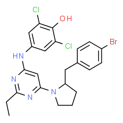 ChemSpider 2D Image | 4-({6-[2-(4-Bromobenzyl)-1-pyrrolidinyl]-2-ethyl-4-pyrimidinyl}amino)-2,6-dichlorophenol | C23H23BrCl2N4O