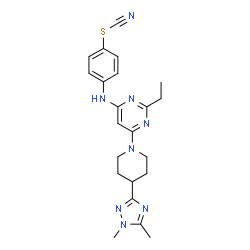ChemSpider 2D Image | 4-({6-[4-(1,5-Dimethyl-1H-1,2,4-triazol-3-yl)-1-piperidinyl]-2-ethyl-4-pyrimidinyl}amino)phenyl thiocyanate | C22H26N8S