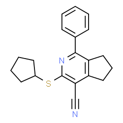 ChemSpider 2D Image | 3-(Cyclopentylsulfanyl)-1-phenyl-6,7-dihydro-5H-cyclopenta[c]pyridine-4-carbonitrile | C20H20N2S
