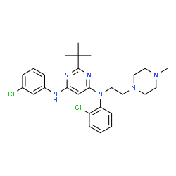 ChemSpider 2D Image | N-(2-Chlorophenyl)-N'-(3-chlorophenyl)-N-[2-(4-methyl-1-piperazinyl)ethyl]-2-(2-methyl-2-propanyl)-4,6-pyrimidinediamine | C27H34Cl2N6