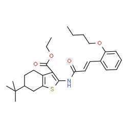 ChemSpider 2D Image | Ethyl 2-{[(2E)-3-(2-butoxyphenyl)prop-2-enoyl]amino}-6-tert-butyl-4,5,6,7-tetrahydro-1-benzothiophene-3-carboxylate | C28H37NO4S